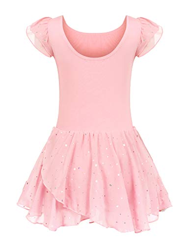 trudge Kinder Ballettkleidung Ballettkleid Mädchen Kurzarm Baumwolle Balletttrikot Ballettanzug Tanzkleid Tanzbody mit Rock Tütü, 140, Rosa