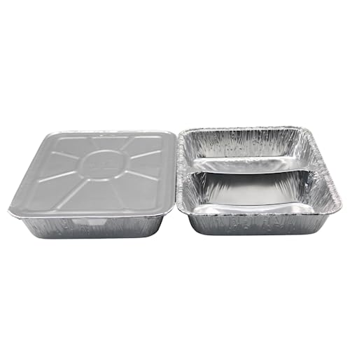 Enpack Aluschale R808-1020G - 100 Stück Aluschalen mit Alu-Deckel 980 ml Füllmenge - Zweigeteilte Menüschale 227 x 177 x 38 mm - Grillschalen - Einwegverpackungen - Assietten für Pasta/Nudeln