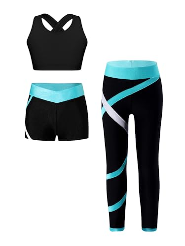 iiniim Mädchen Sportanzug Trainingsanzug 3tlg. Sport BH Crop Top Oberteile + Sport Hose + Shorts Jogginganzug Tanz Yoga Gym Training Blau Grün 134-140