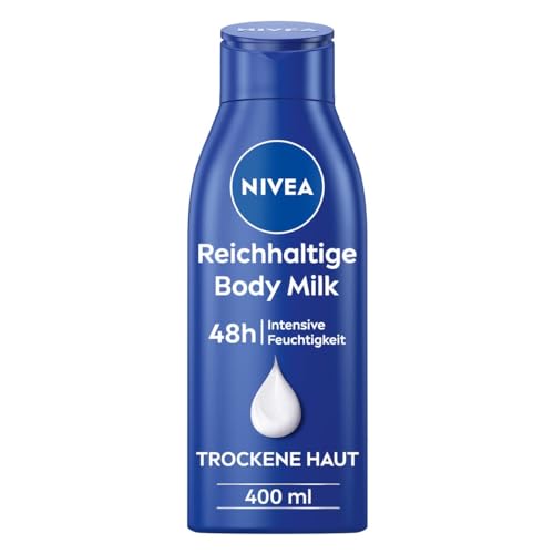 NIVEA Reichhaltige Body Milk (400 ml), intensiv pflegende Körpercreme mit Mandelöl natürlichen Ursprungs, Lotion mit Tiefenpflege Serum und Vitamin E