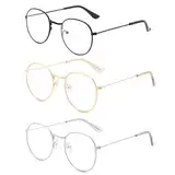 DXIA 3 Paar Retro Runde Brille, Metall Rahmen Klare Linse Wechselgläser, klassische klare Linse Gläser, Metall Brillengestell Dekorative Flachglasbrille, Brille Sehstärke Für Mann Frau