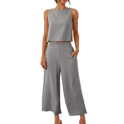 Angebote des Tages Heute,Zweiteiler Damen Elegant Sommer Musselin Bluse und Hose, Aesthetic Lounge Set Baumwolle Sportanzug Oversize Freizeitanzug Ärmellos Y2K Clothes Outfit Sportanzug Hosenanzug