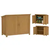 Outsunny Gartenschrank Holz, Geräteschuppen wetterfest 110x50x85cm, Gerätehaus mit Tür, Pultdach, Ablagen, Geräteschrank, Gartenhaus Werkzeugschrank Gartenschuppen für Garten Terrasse Hinterhof, Braun