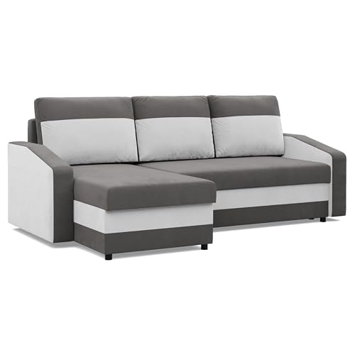 Mebligo - Ecksofa mit Schlaffunktion und Bettkasten Orion, Eckcouch Universelle Seite, Sofa L Form (BxTxH) 231 x 140 x 85 cm, Couch Wohnzimmer, Ecke Sofa, Grau + Weiß (Mikro 27 + Mikro 31)