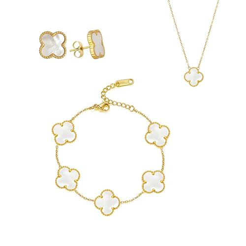 Simllyda Vierblättriges Kleeblatt Schmuckset, 18K Vergoldet Vierblättriges Kleeblatt Halskette Ohrringe Armband, Vierblättriges Glücksklee Schmuckset für Damen und Mädchen (Weiß)