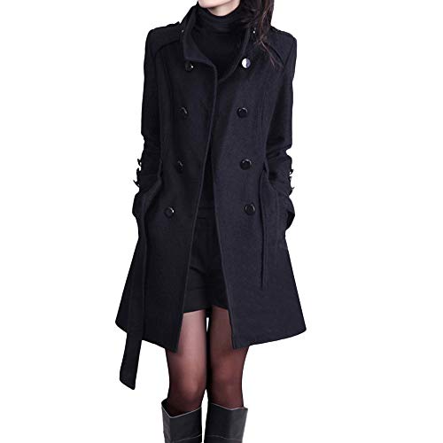 EWFAS Damen Mantel Trenchcoat,Elegant Schwarz Umlegekragen Wollmantel Zweireihiger Longsleeve Große Größen Winddichter Lang Winter Einfarbige Wintermantel Verstellbare Herbst Damenmantel