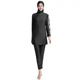 IWEMEK Damen Ganzkörper Burkini Badeanzüge Bescheidene Muslimische Bademode Solide Langarm Schwimmen Top + Hose + Hijab 3tlg Islamischer Badeanzug Arabisch Beachwear Schwarz Blumen L