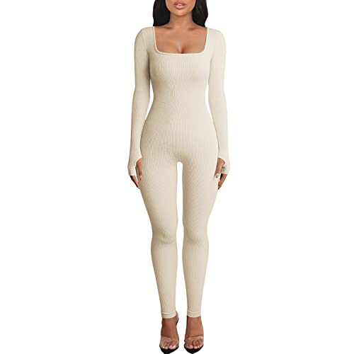 Menore Women's Yoga Jumpsuits Workout Ribbed Long Sleeve Soft Sports jumpsuits Square Neck Figure-Hugging One-Piece