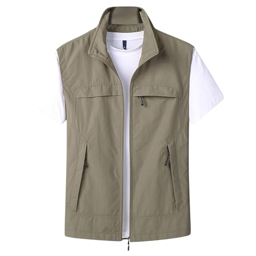 Leichte Softshell-Weste für Herren, durchgehender Reißverschluss, schnell trocknend, Outdoor, Wandern, Freizeit, mehrere Taschen, Angeln, ärmellose Jacke, khaki, 4XL