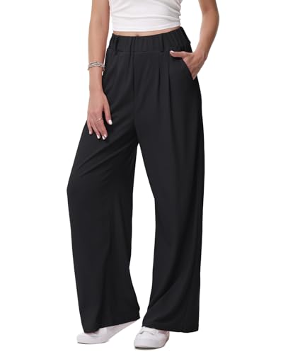 HMIYA Weite Hosen Damen-Lässig Locker Stoffhose Leichte Palazzo Hose Hohe Taille Dünne Herbst Hosen mit Tasche,Schwarze,M/30L