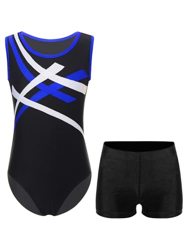 Sxiwei Kinder Jungen Gymnastikanzug Ärmellos Kontrast Farbe Sportlich Bodysuit Tanztrikot Und Shorts Kinder Tanz Kleidung Set Blau Schwarz 158-164