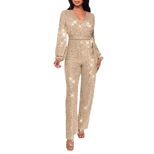 Generisch 2025 Lässiger Jumpsuit mit Langen Ärmeln und Gürtel und Pailletten Jumpsuit Leggings Damen (Gold, XL)