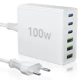 HSSNS USB C Ladegerät Mehrfach: 100W 6-Port Schnellladegerät mit USB-C und USB-A, Tragbarer Charger für iPhone Series und andere Smartphones(Weiß)