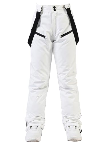 HOUZONIY Skihose für Damen, Thermo Snowboardhose, Outdoorhose für Damen, Verstellbarer Bund, mit abnehmbaren Hosenträgern, Skibekleidung(Weiß S)