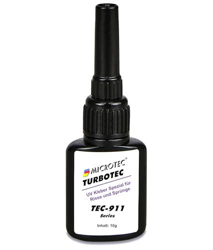 Microtec® Turbotec 911 dünnflüssiger UV-Kleber | Ausbesserung von Rissen und Sprüngen | für Glas/Metall/Kunststoff | 10g | ohne UV-Taschenlampe | lichthärtender und transparenter Klebstoff
