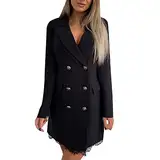 Damen Blazer Kleid Frauen Elegant Langarm V-Ausschnitt Zweireihig Solide Hemdkleid Business Lange Hülse Büro Jacken Knopf Anzug (03 Schwarz, XXL)