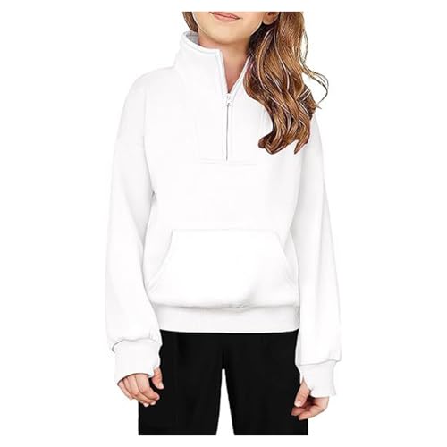 TDEOK Boys Girls Solid Color Half Zip Sweatshirt Fleece Thumbhole Sweatshirt Pullover Mädchen 128 (White, 11-12 Years)