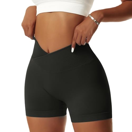 Vertvie Damen Gym Shorts V Cross Stretch Push Up Yoga Shorts Booty Scrunch Fitness Hosen Kurz High Waist Nahtlos Workout Sportshorts Butt Lift Kurze Leggings Sommer (Schwarz, M)