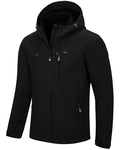 33,000ft Herren Softshelljacke Wasserdichte Winddichte Funktionsjacke Atmungsaktive Übergangsjacke Leichte Fahhradjacke mit Kapuze Windbreaker zum Laufen, Radfahren Schwarz L