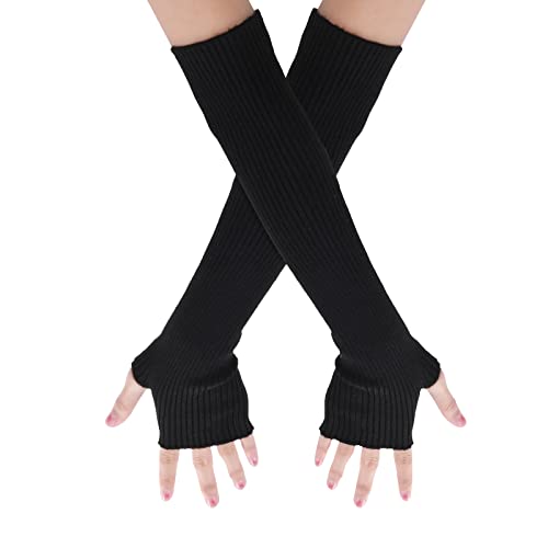 Yolev Damen Armstulpen Schwarze Kaschmir Mischung Winter Fingerlose Handschuhe Gestrickte Damen Arm Warmers mit Daumenlöchern Kältebeständige Stretch Handschuhe für Autofahren Outdoor Sportarten