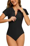 SHEKINI Frauen Kurzarm Rash Guard Schutz Reißverschluss Surfen Einteiliger Badeanzug (L,Schwarz)