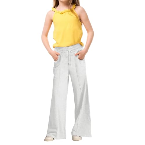 Mädchen-Jogginghose mit weitem Bein und Kordelzug, elastisch, hohe Taille, gerades Bein, weite Schulhose, einfarbig, übergroße Sweatpants Taschen, 1-weiß, 12-13 Jahre
