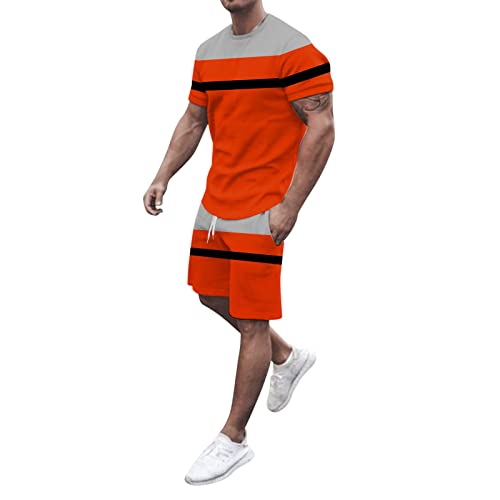 Herren Frühjahr Sommer Freizeit Sport Atmungsaktiv Absorbierend Nähte Bedruckte Kurzarm Shorts Zweiteiliges Set Herren Trainingsanzug Herren Kurze Hose mit Reißverschlussttasche Herren (Orange, XL)