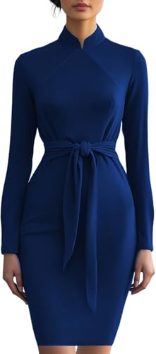 MsavigVice Kirchenkleider für Damen, sexy Bleistiftkleid, Business-, Arbeitskleid, Midi-Kleid, schmale Passform, figurbetonte Kleider mit Gürtel, Blau-B6220, Mittel