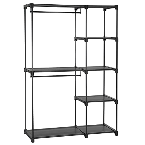 SONGMICS, offener Kleiderschrank, selbsttragend, vertikales Regal, Garderobenständer mit Hängestangen, für Ankleidezimmer, Schlafzimmer, 43 x 112 x 165 cm, schwarz, RYG24BK