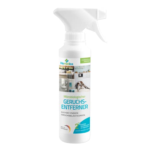 HOMEDICA Geruchsentferner Spray 250ml - Vegan & Made in Germany - Mikrobiologischer Enzymreiniger für Textilien, Polstern & Tierfellen - gegen unangenehme Gerüche