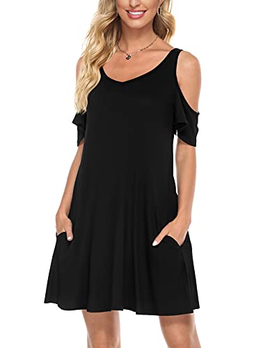 Florboom Damen V Ausschnitt A-Linie Kleid Cold Shoulder Kleider Sommerkleider Strandkleider Knielang Schwarz M