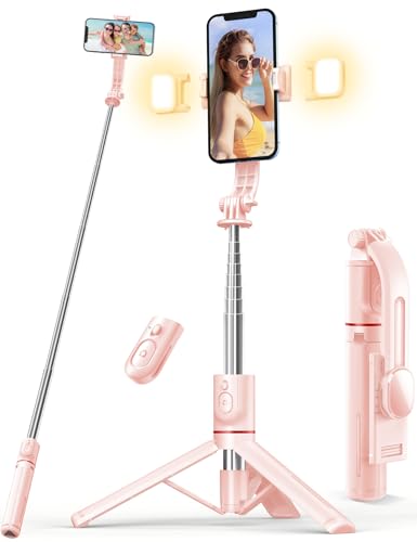 Selfie Stick mit Fülllicht, 114 cm Smartphone Stativ mit Fernauslöser Kompatibel mit iPhone 15/14/13/12/11 Pro/Max/Plus, Huawei, Xiaomi(Rosa)