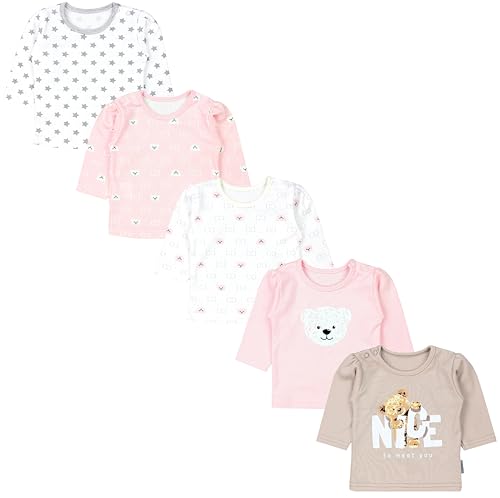 TupTam Baby Mädchen Langarmshirt Gestreift 5er Set, Farbe: Bärchen Rosa Weiß Sterne Grau Nice Teddy Beige, Größe: 86