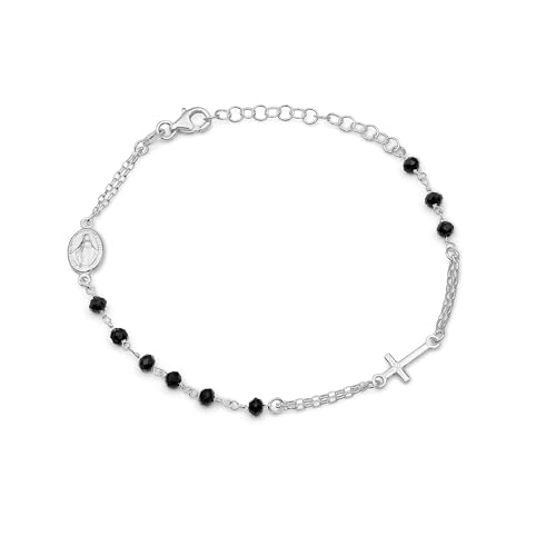 AKA Gioielli® - 925 Silber Rosenkranz Armband mit Schwarze Steine mit Jungfrau Maria und Kreuz - Armband für Damen und Herren, längenverstellbar