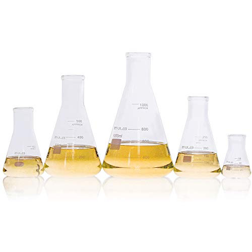 ULAB Scientific Erlenmeyer Flaschen Set, 5 Größen, 50 ml, 150 ml, 250 ml, 500 ml, 1000 ml, 3.3 Boro mit gedruckter Graduierung, UEF1002