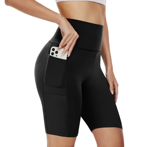 AMIYOYO Radlerhose Damen mit Taschen High Waist Sporthose Kurze Leggings Blickdicht Sportshorts Dehnbar Hotpants Bequem für Sommer Yoga Fitness Gym(A-Schwarz,S-M=DE34-40)
