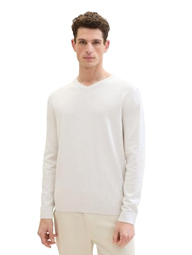 TOM TAILOR Herren Basic Pullover mit V-Ausschnitt aus Baumwolle, 13174 - Soft Vanilla Melange, M