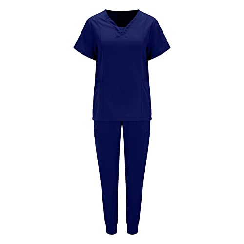 Einfarbiges Damen-T-Shirt mit Tasche und V-Ausschnitt, einfarbig, Damen, neuer Sportklinik-Overall Damenanzüge Festlich (Navy, XL)