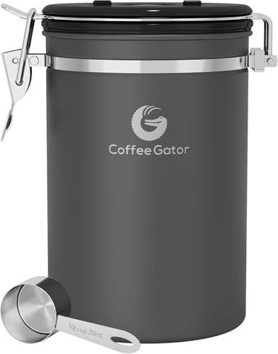 Coffee Gator Aromadichte Kaffeedose Aufbewahrungsbehälter mit CO2 Ventil und Magnetischem Dosierlöffel (Grey, Large)
