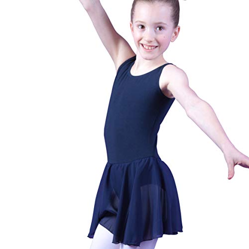 tanzmuster ® Ballettkleid Mädchen ärmellos - Minnie - aus weichem Baumwollstoff mit Chiffonröckchen Ballett Trikot Ballettanzug in Marineblau, Größe:140/146