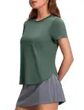 PINSPARK Damen Sportshirt Schnelltrocknend Fitness Kurzarm Sport Top Frühling Outdoor Golf Yoga Funktionsshirt Lässig Stretch Seite Split T-Shirts Grün m