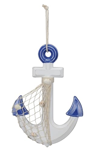 Posiwio dekoratives maritimes Wanddekoobjekt Dekoobjekt aus Holz zum hängen als Anker in weiß-blau mit Netz- und Muscheldeko ca. 22 x 32 cm