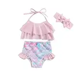 3-teiliger Badeanzug für Babys, Mädchen, Bikini, Mädchen, Tankini Set, Crop Top mit Rüschen, Halterneck und Höschen mit Stirnband, Rosa / Violett, 3-4 Jahre