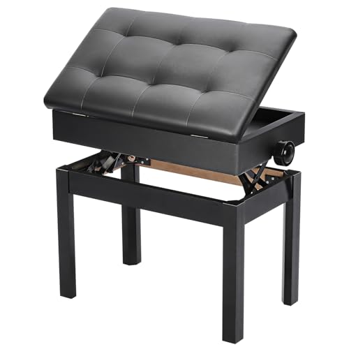 YORKING Klavierhocker Klavier SitzbäNke Piano Sitzbank 56 x 33.5 x 58 cm Verstellbare Höhe mit PU Leder Gepolsterter Sitz Kissen Stauraum Taste Ablagefach Hocker Schwarz