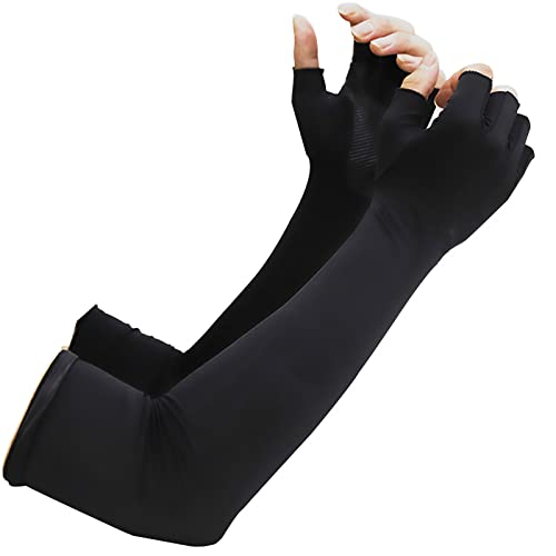 Rehomy UV Sonnenschutz Armstulpen Halbfinger Handschuh Kühlende Armstulpen für Outdoor Sport Laufen Golf Radfahren, Schwarz , M