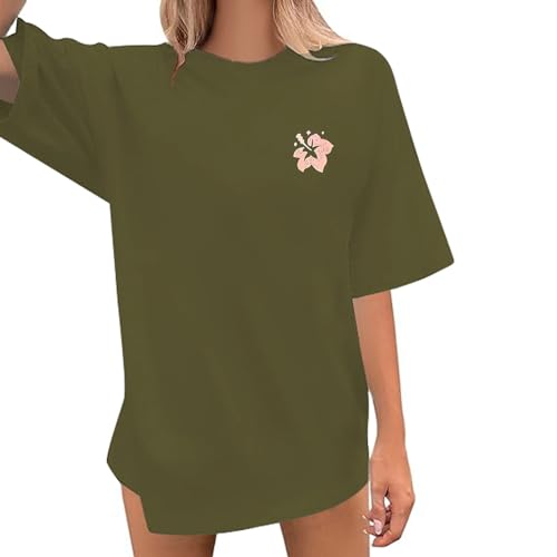 Top Damen Kurzarm Sommer Locker Lässiges modisches, übergroßes T-Shirt mit Wildblumen-Buchstabendruck Rundhalsausschnitt für Damen T-Shirt Damen mit Aufdru (Green, XL)