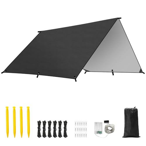 Rhino Valley Wasserdicht Zeltplane, 3x3M Große Outdoor Tarp mit Leichten Schnüren, Leichtes Tragbares Tarp Regen Camping Vordach für Wandern Reisen Rucksacktourismus, Schwarz