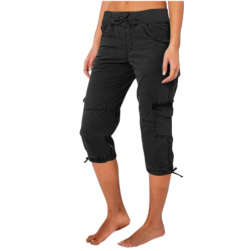 TRIGLICOLEUM Discounter Caprihose Damen Sommer 7/8 Hose Baumwolle Arbeitshose Hohe Taille Sommerhose Einfarbig Sporthose Regular Fit Caprihose Freizeithose Jogginghose mit Taschen Arbeitshose Kurze