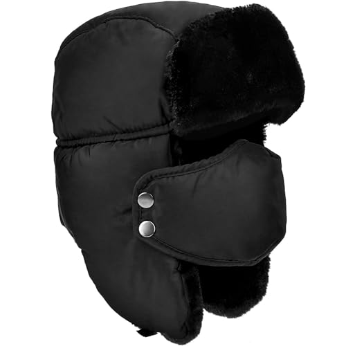 DOXHAUS Unisex Winter Warm Hat with Ear Flaps, Trapper Hat Faux Fur Aviator Hat – Ice Skating Skiing, and Other Outdoor Activities, Schwarz