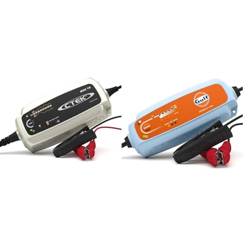 CTEK MXS 10 & CT5 TIME to GO Gulf Edition, 12 V Batterieladegerät, Batterieerhaltungsgerät, Countdown-Timer, Startanzeige, eingebaut Temperaturkompensation, Rekonditionierungsmodus und AGM-Modus
